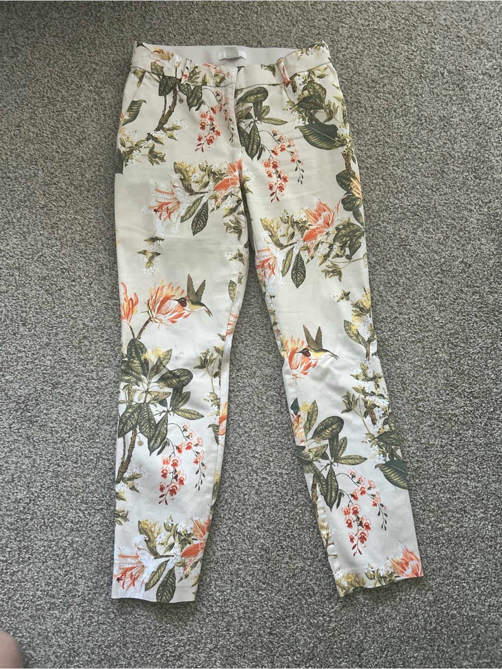 H&M Cream Floral Cropped Jeans with Green & Coral Print